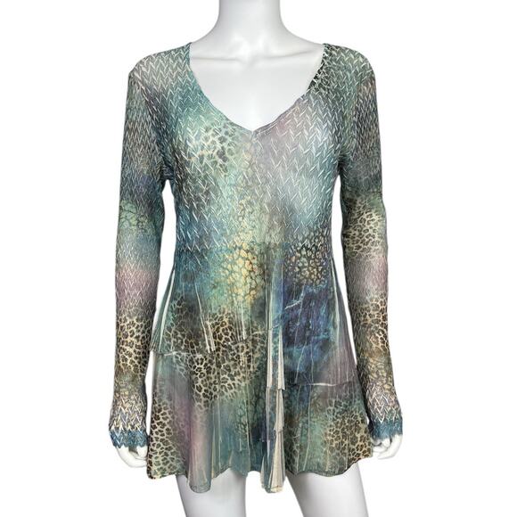 Komarov Womens M Multicolor Crinkle Animal Print Mesh V-Neck Long Sleeve Top EUC - Picture 1 of 4